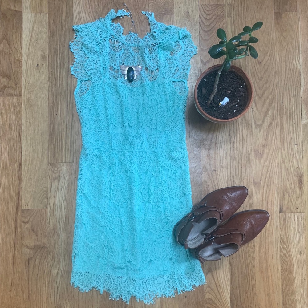 Free People Mint Green Lace Fitted Open Back Dress